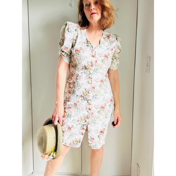 Vintage 90s Floral Pencil Dress Neutral Cottagecore Romantic Garden Party Sz 6-8 - Picture 11 of 11